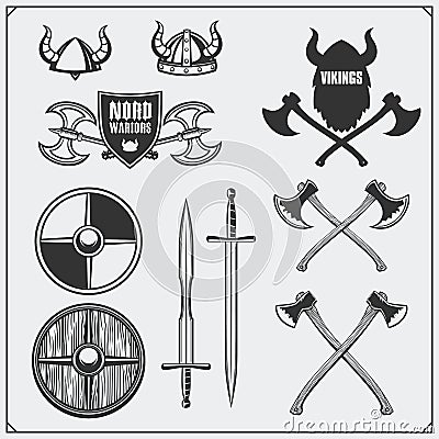 Viking set. Horned helmet, shield, sword and ax. Vintage style.Ð°Ñ‚ÑŒ Vector Illustration